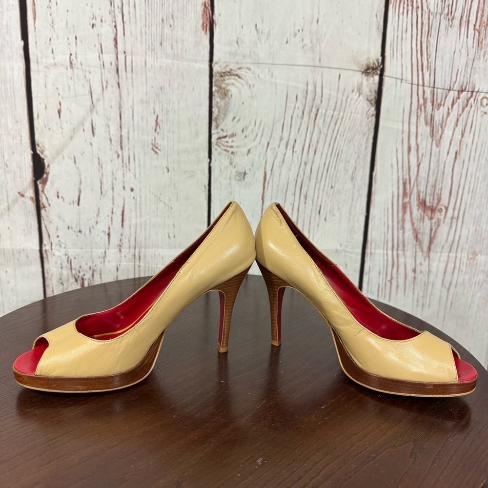 JEFFREY CAMPBELL Elegant calf leather Peep-Toe Heels - Tan and Red 7.5 GUC
